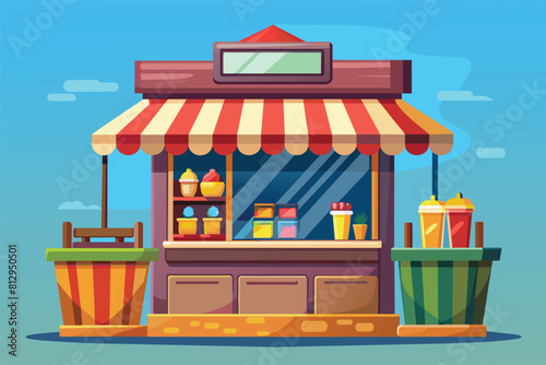 A small food stand with a striped awning serving customers on a busy street corner, Newsstand Customizable Cartoon Illustration