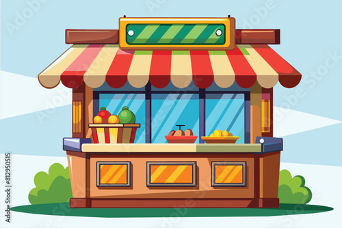 A small store with a striped awning on a street corner, Newsstand Customizable Cartoon Illustration