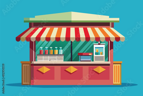 A small food stand with a striped awning is shown, Newsstand Customizable Disproportionate Illustration