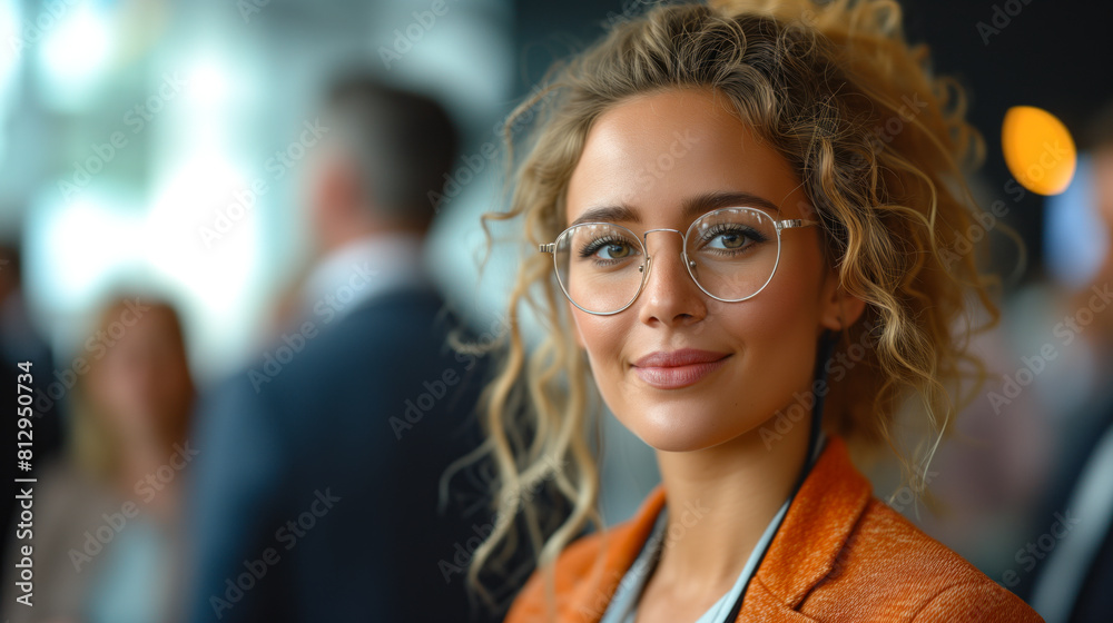 Obraz premium a confident business girl and diverse group of professionals interacting at a corporate event in the background