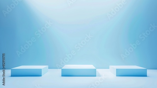 Abstract surreal scene empty stage with three rectangle white podiums on pastel blue holographic colored background Pedestal for cosmetic product packaging mockups display presentatio : Generative AI