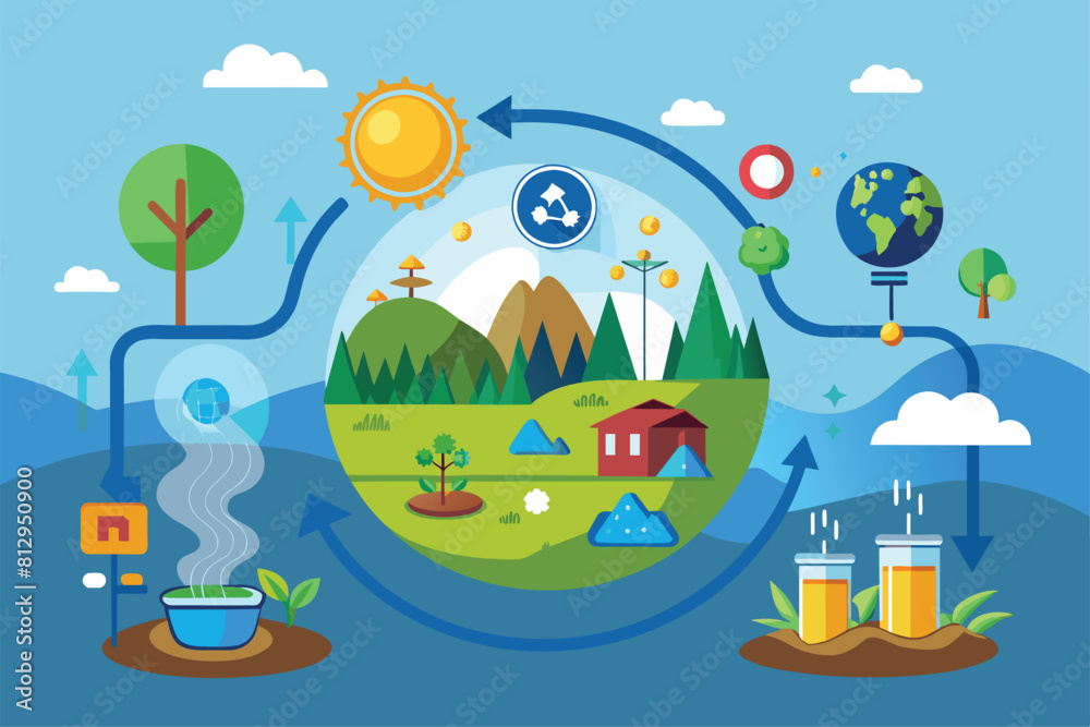 Fototapeta premium Water Cycle Diagram With House and Trees, Nitrogen cycle Customizable Disproportionate Illustration