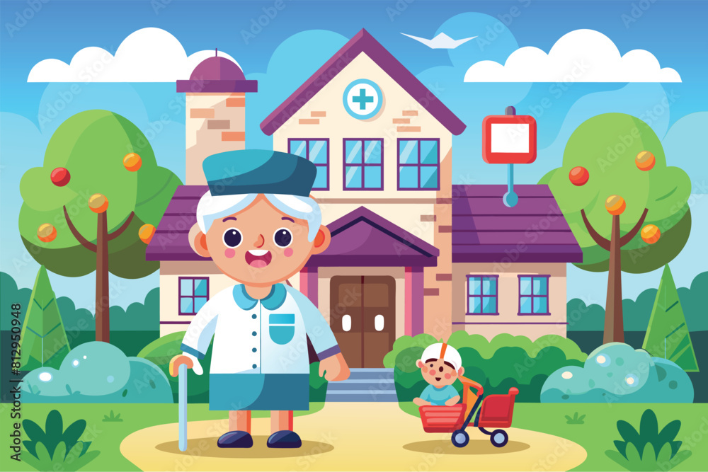Fototapeta premium Elderly man holding cane stands in front of house, likely home or nursing facility, Nursing home Customizable Cartoon Illustration