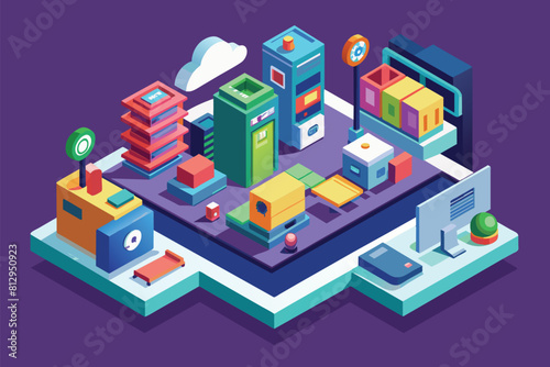 A tablet displaying various items in a cluttered arrangement, No data Customizable Isometric Illustration