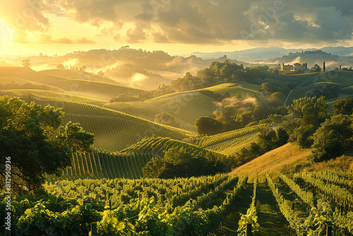 A panoramic view of rolling hills covered in vineyards bathed in the golden light of sunrise.