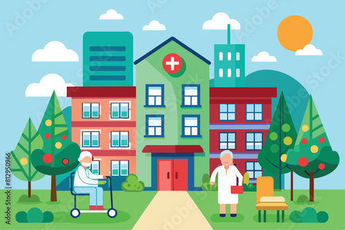 An elderly man and woman are seen walking in front of a hospital building, Nursing home Customizable Flat Illustration