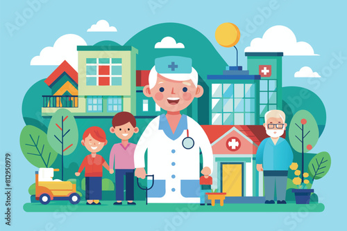 An elderly man and two children standing together in front of a house, Nursing home Customizable Flat Illustration