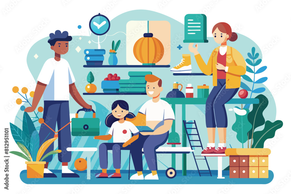 Diverse group of individuals standing and sitting around a table engaged in a discussion or meeting, Occupational therapy Customizable Flat Illustration Diverse group of individuals standing and sitting around a table engaged in a discussion or meeting, Occupational therapy Customizable Flat Illustration