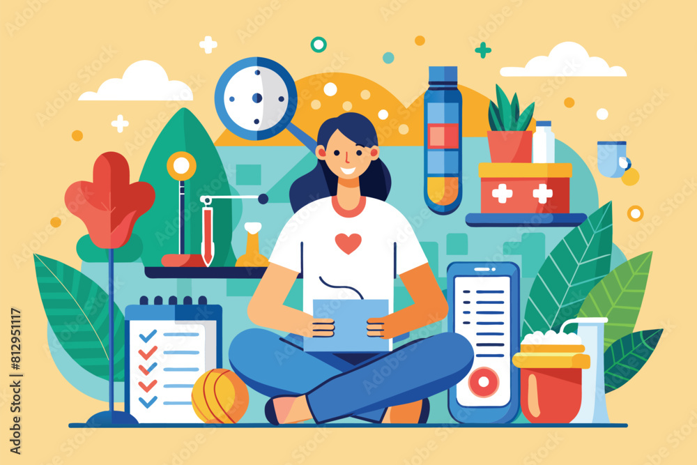 A woman seated on the floor using a tablet device, Occupational therapy Customizable Semi Flat Illustration A woman seated on the floor using a tablet device, Occupational therapy Customizable Semi Flat Illustration