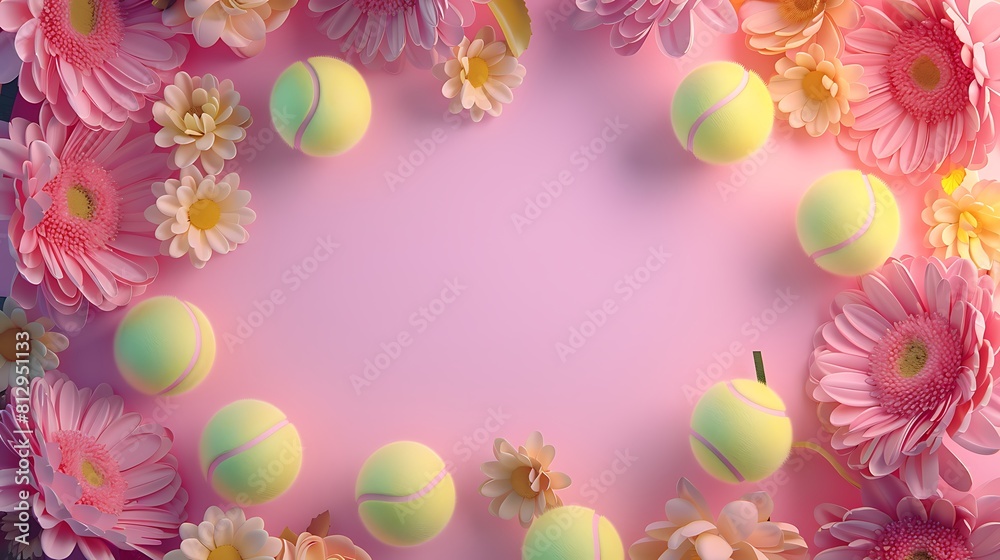 Tennis ball and pretty flowers, pink banner background with copy space, copy space, space for text, Generative AI,テニスボールと可愛い花、コピー スペースのあるピンクのバナーの背景,コピースペース,テキスト用スペース,Generative AI, Tennis ball and pretty flowers, pink banner background with copy space, copy space, space for text, Generative AI,テニスボールと可愛い花、コピー スペースのあるピンクのバナーの背景,コピースペース,テキスト用スペース,Generative AI,
