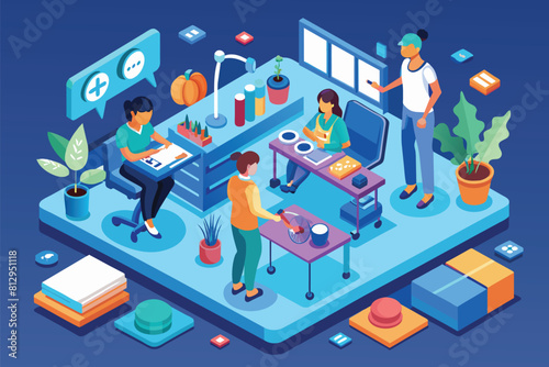 Diverse group of individuals standing together around a table, engaged in conversation or meeting, Occupational therapy Customizable Isometric Illustration