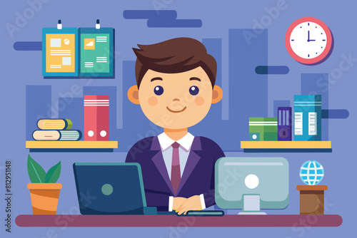 A man sits at a desk in front of a laptop computer, engaged in work or study, Office management Customizable Cartoon Illustration
