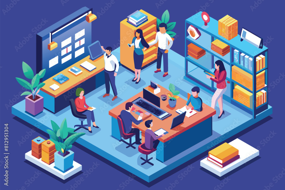 A customizable isometric illustration showing a group of individuals standing around a desk in an office setting, Office work Customizable Isometric Illustration A customizable isometric illustration showing a group of individuals standing around a desk in an office setting, Office work Customizable Isometric Illustration