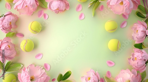 Tennis ball and pretty flowers  green banner background with copy space  copy space  space for text  Generative AI                                                                                                                                               Generative AI 