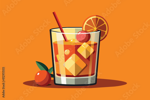 A glass filled with orange juice and garnished with a fresh slice of orange on the rim, Old fashioned cocktail Customizable Semi Flat Illustration