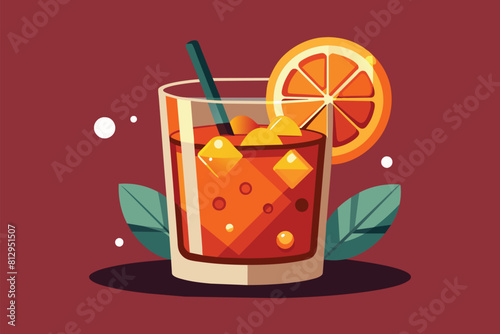 A glass filled with refreshing orange juice and a straw ready to sip, Old fashioned cocktail Customizable Cartoon Illustration