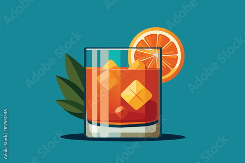 Refreshing orange juice in a glass with a slice of orange on the rim, Old fashioned cocktail Customizable Flat Illustration