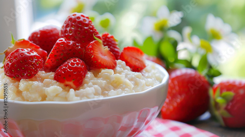 Creamy cottage cheese with ripe strawberries in a bowl on a natural morning light background