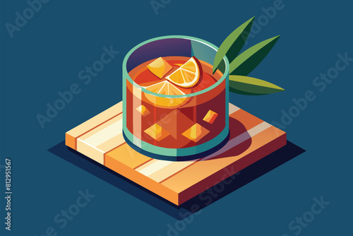 A glass filled with a drink resting on a wooden block, Old fashioned cocktail Customizable Isometric Illustration