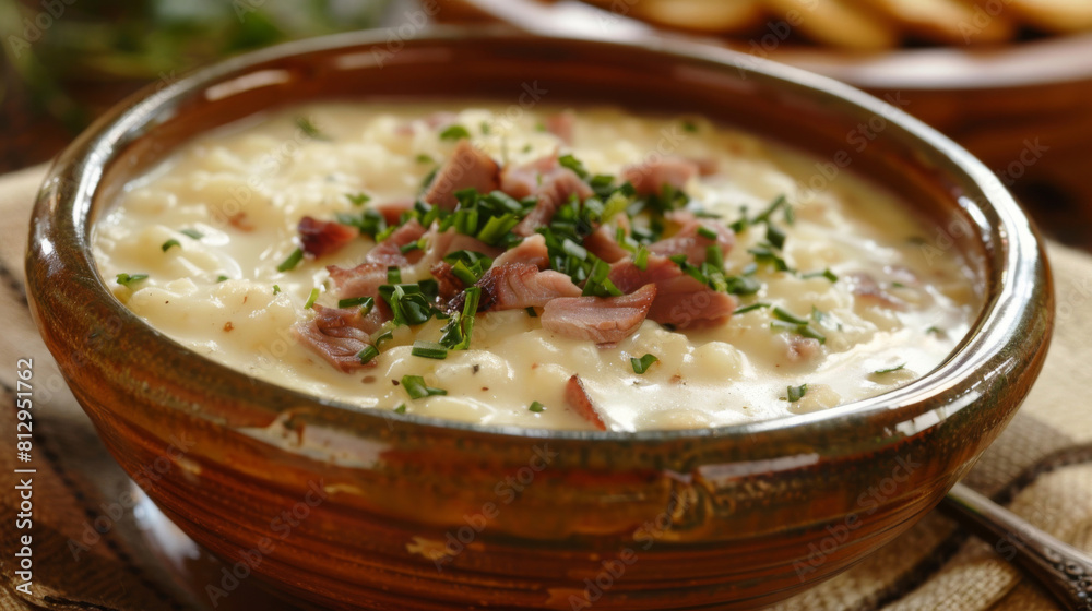 Delicious creamy potato soup garnished with diced ham and fresh chives in a rustic brown bowl, perfect for a comforting meal Delicious creamy potato soup garnished with diced ham and fresh chives in a rustic brown bowl, perfect for a comforting meal