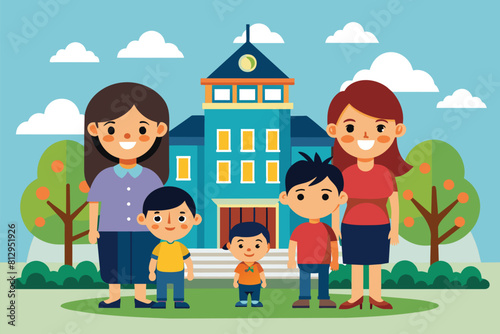 A family of four standing together in front of a traditional house, Orphanage Customizable Disproportionate Illustration