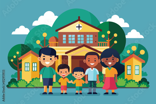 A family of four standing together in front of a white suburban house, Orphanage Customizable Disproportionate Illustration