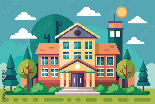 A school building stands tall with a clock tower in the background, Orphanage Customizable Flat Illustration