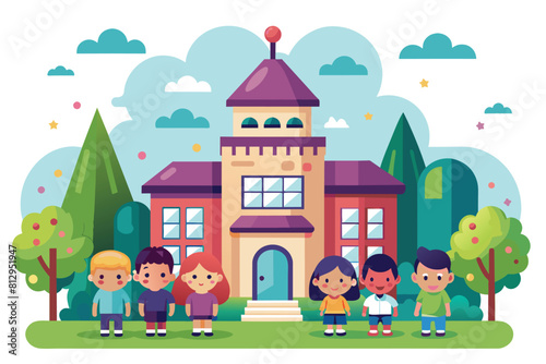 Several children standing together in front of an orphanage building, Orphanage Customizable Flat Illustration