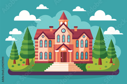 A pink house stands amidst trees with clouds in the background, Orphanage Customizable Semi Flat Illustration