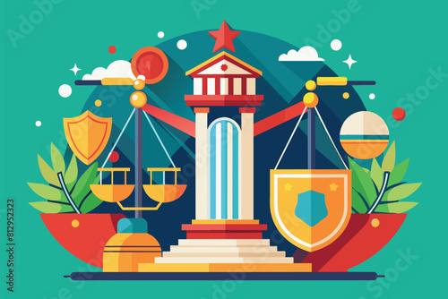 A scale bearing a flag and a shield on top, symbolizing justice, protection, and sovereignty, Oversight Customizable Semi Flat Illustration