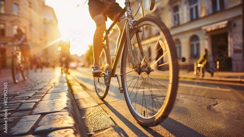 Young man riding a bicycle in the city at sunset, toned, Copy space.