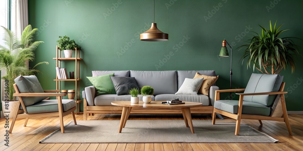 Obraz premium The interior design of a modern living room in Scandinavian style with light green wall and grey stylish furniture. A cosy house with high ceilings, natural parquet, well-groomed ornamental plants.