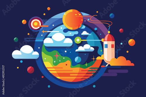 Rocket flying through sky surrounded by planets and clouds, Ozone layer depletion Customizable Semi Flat Illustration