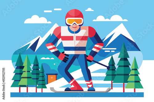 A man smoothly rides skis down a white snow-covered slope on a sunny day, Para alpine skiing Customizable Flat Illustration