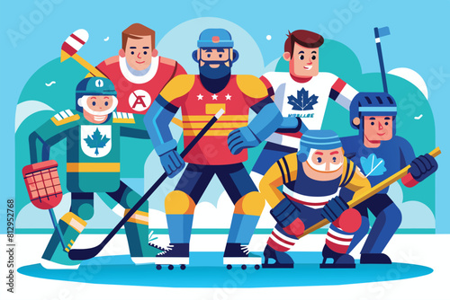 An assorted group of hockey players in full gear standing closely together on the ice, Para ice hockey Customizable Disproportionate Illustration