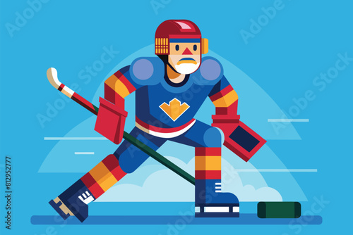 A hockey player wearing a red helmet and blue uniform in action on the ice, Para ice hockey Customizable Flat Illustration