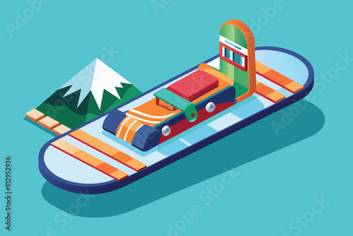 A boat equipped with a bed on top sailing in front of majestic mountains, Para snowboard Customizable Isometric Illustration