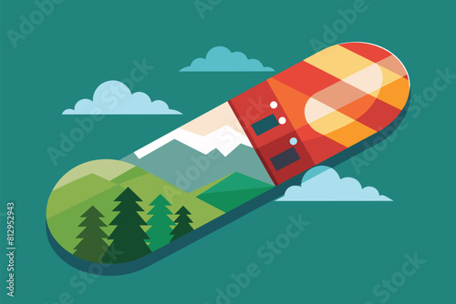 Rocket ship flying through the sky with mountains in the background, Para snowboard Customizable Flat Illustration