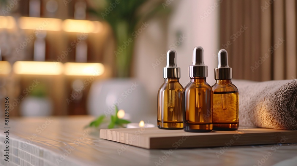 Beautiful spa composition with essential oil in glass bottles on wooden table. Copy space. Beautiful spa composition with essential oil in glass bottles on wooden table. Copy space.