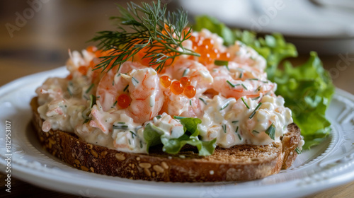 Rustic bread topped with fresh shrimp  creamy salad  caviar  and dill  served alongside crisp lettuce on a white plate