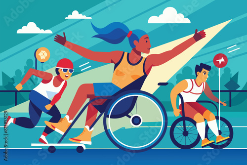 A man in a wheelchair is being pushed by another man outdoors, Paralympic athletics Customizable Semi Flat Illustration