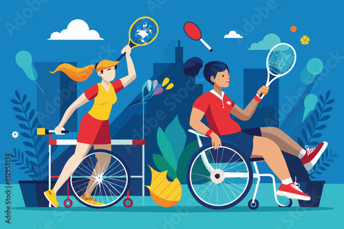 A man and a woman in wheelchairs energetically playing tennis on a court, Paralympic badminton Customizable Disproportionate Illustration