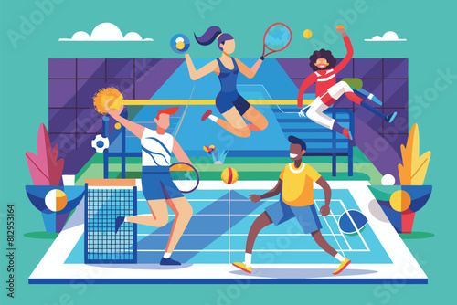 A group of people engaged in a game of tennis on a tennis court, Paralympic badminton Customizable Flat Illustration