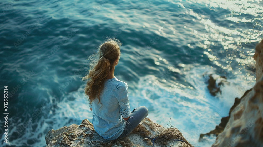 Fototapeta premium Woman meditates on a cliff overlooking the ocean. 