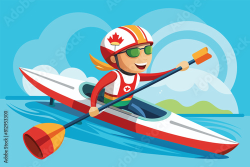 A person in a canoe paddling on a body of water, Paralympic canoe Customizable Cartoon Illustration