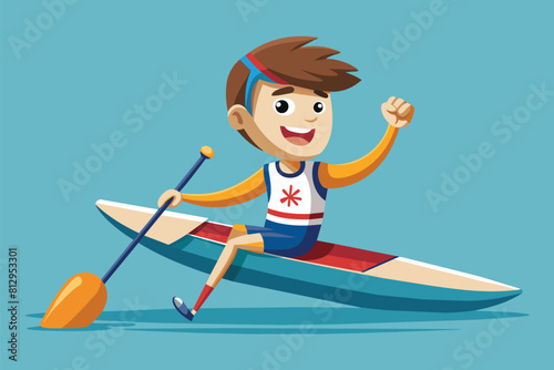 A boy is actively rowing a boat using an oar in this customizable paralympic canoe cartoon illustration, Paralympic canoe Customizable Cartoon Illustration