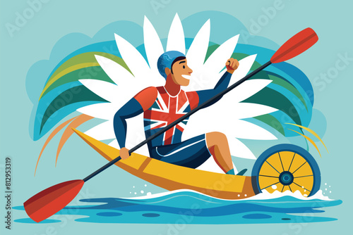 A man customizing a yellow kayak for paralympic canoeing, showcasing determination and skill, Paralympic canoe Customizable Disproportionate Illustration