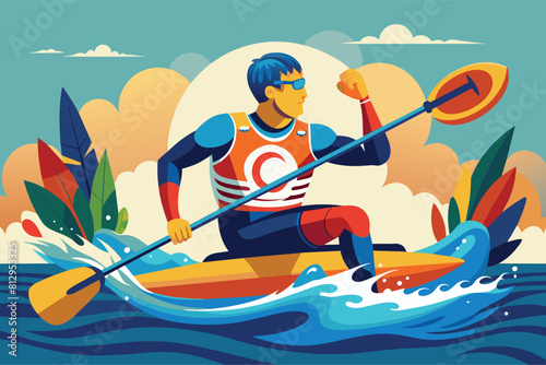 A man with a customizable paralympic canoe rides on top of the water, Paralympic canoe Customizable Disproportionate Illustration