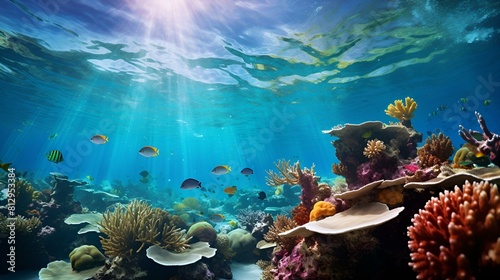 Colorful coral reef with various fish swimming in clear blue water