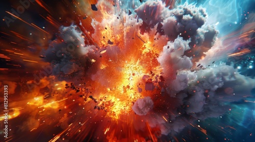 Explosive blast in the atmosphere with debris cloud. Intense chaos concept
